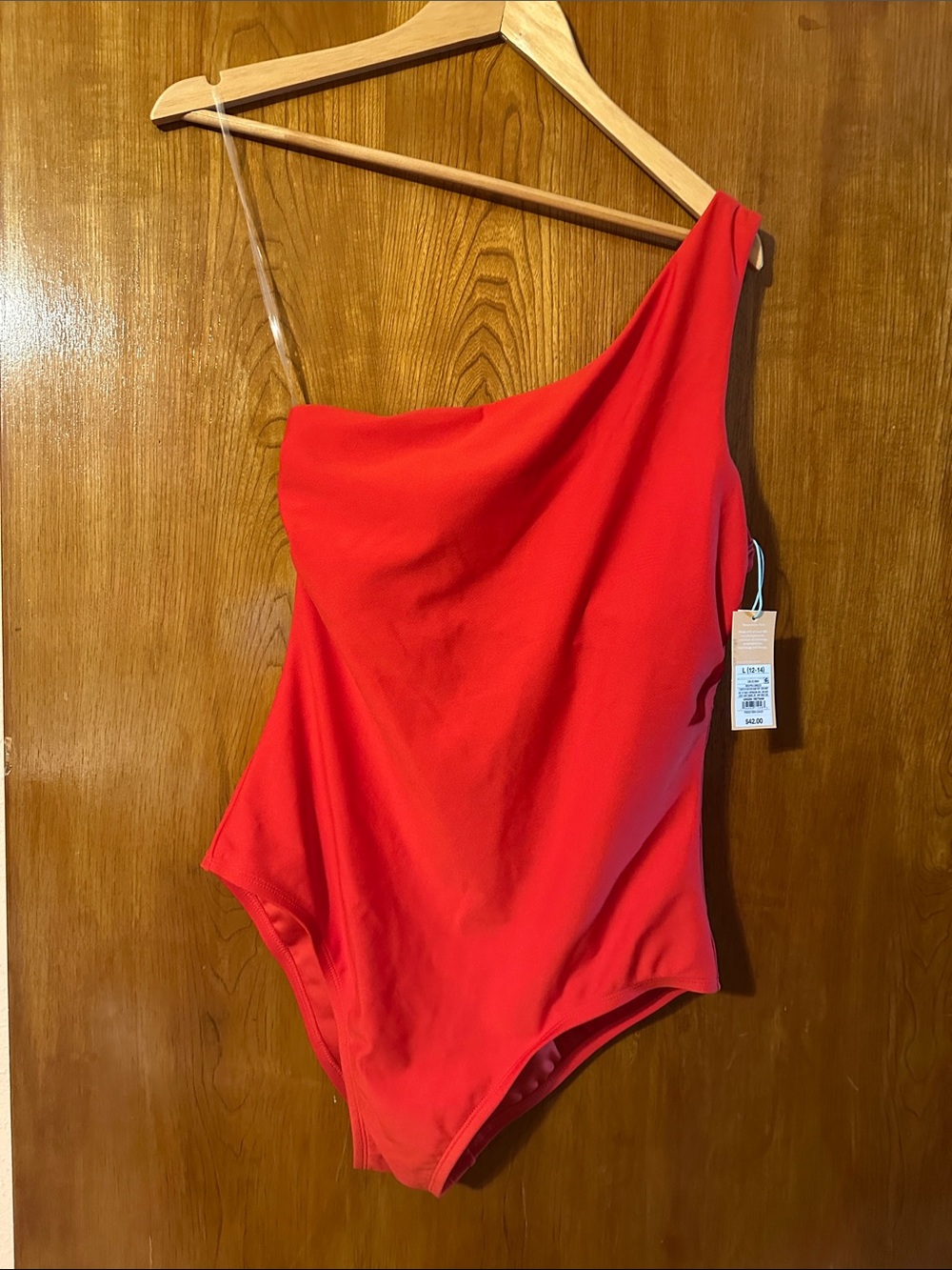 NWT- Women’s Tummy Control  One-Piece Swimsuit - Red One-Shoulder
